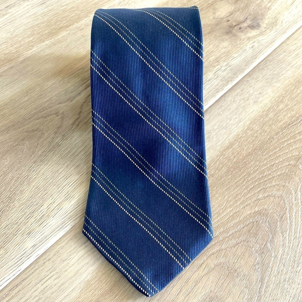 Brooks Brothers British Silk USA Made Airforce Blue Pale Gold Repp Striped Tie